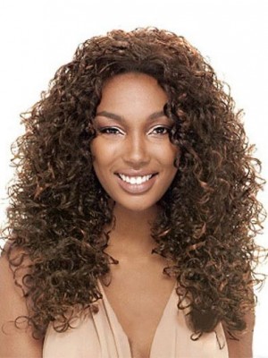 European Style Long Curly Brown No Bang African American Lace Wigs For Women 18 Inch