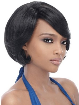 Online Short Straight Black Side Bang African American Lace Wigs For Women