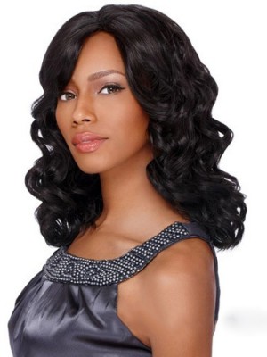 Hand Tied Medium Wavy Side Bang African American Lace Wigs For Women