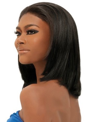 Adjustable Medium Straight Black No Bang African American Lace Wigs For Women 12 Inch