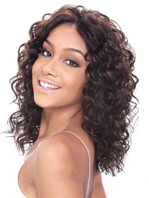 Shinning Medium Curly No Bang African American Lace Wigs For Women 14 Inch