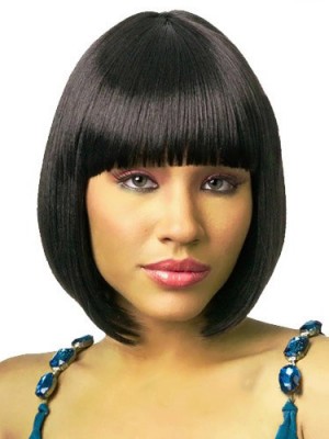 Simple Short Straight Black Full Bang African American Wigs For Women 10 Inch