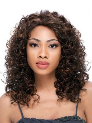 Newest Medium Curly Brown No Bang African American Lace Wigs