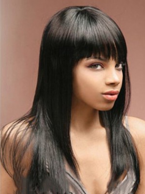 Attractive Long Straight Black Full Bang African American Wigs For Women 20 Inch