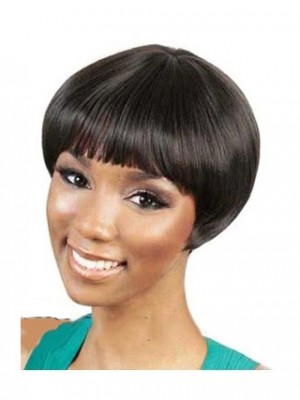 New Short Straight Black Full Bang African American Wigs For Women 8 Inch