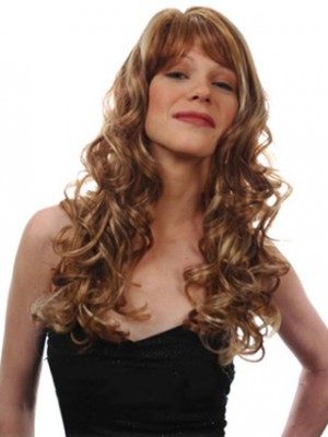 Hand Tied Long Curly Brown Full Bang African American Wigs